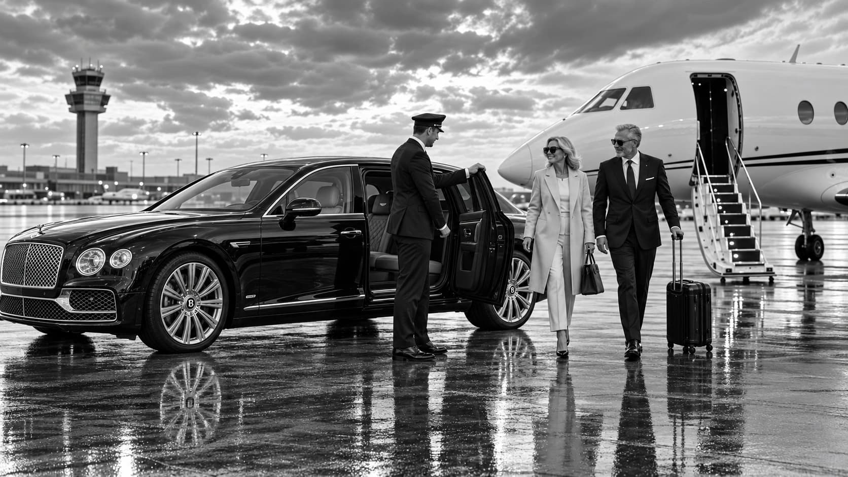 Chauffeur holding the rear passenger door of a Bentley open for a couple
