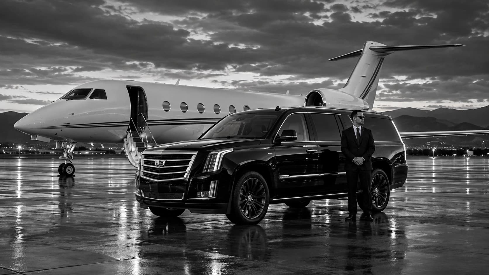Chauffeur beside a Cadillac Escalade and private jet