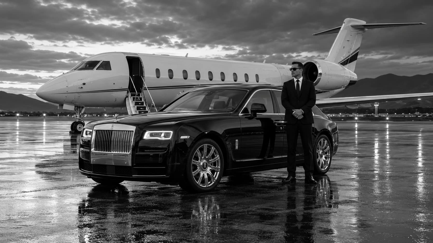 Chauffeur beside a Rolls-Royce and private jet
