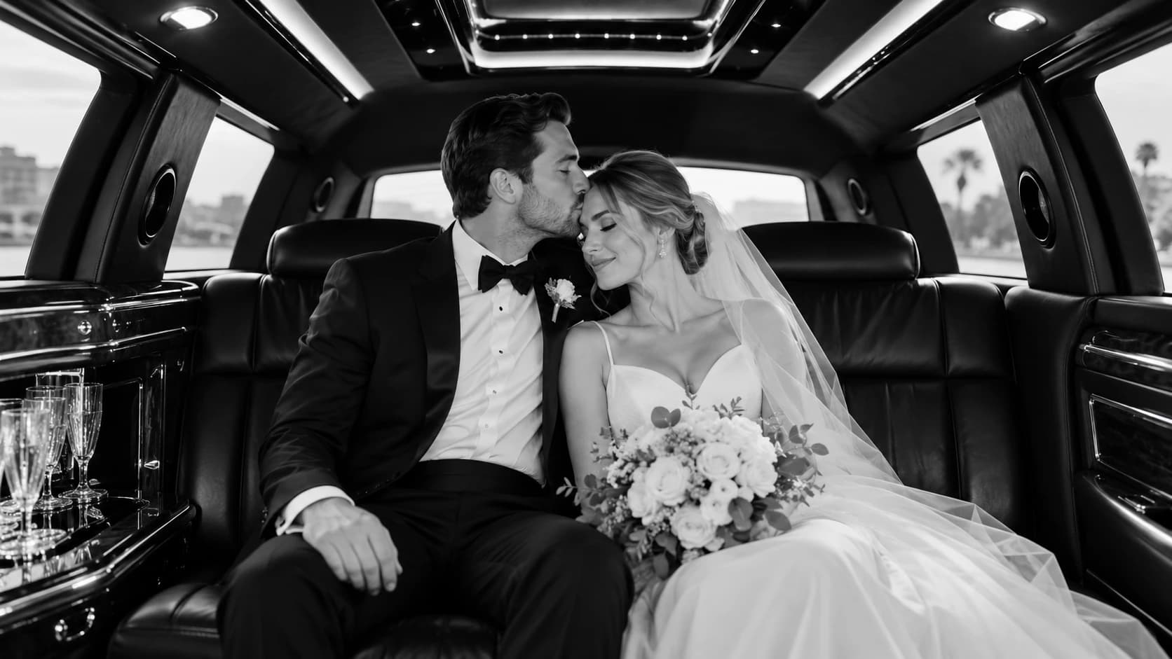 Bride and groom together in a luxury limousine