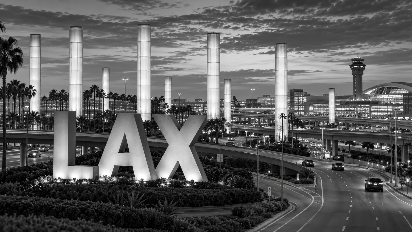 AI illustration of the LAX entrance letters and illuminated gateway columns