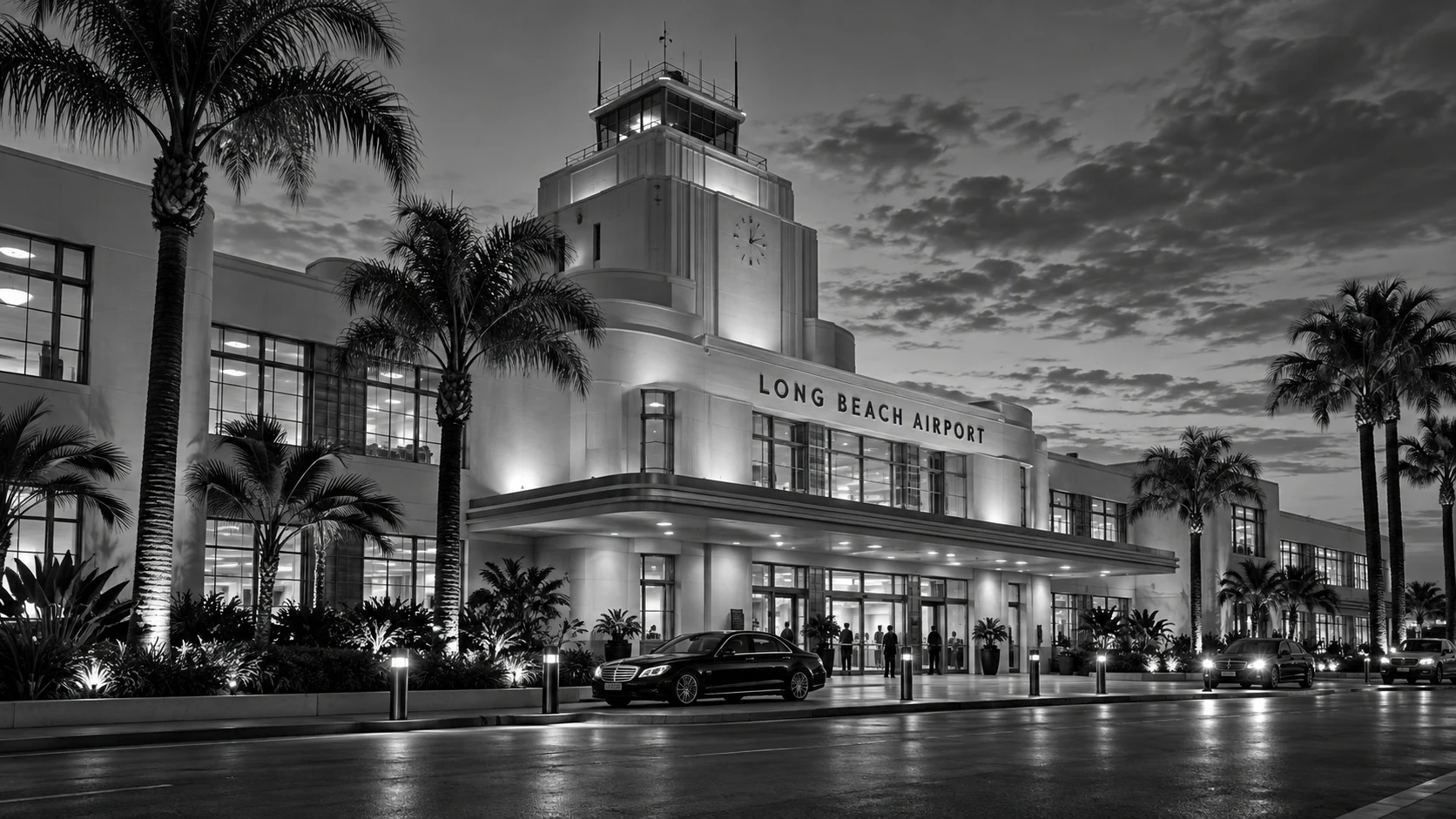 AI illustration of Long Beach Airport's Art Deco terminal and palm-lined curbside
