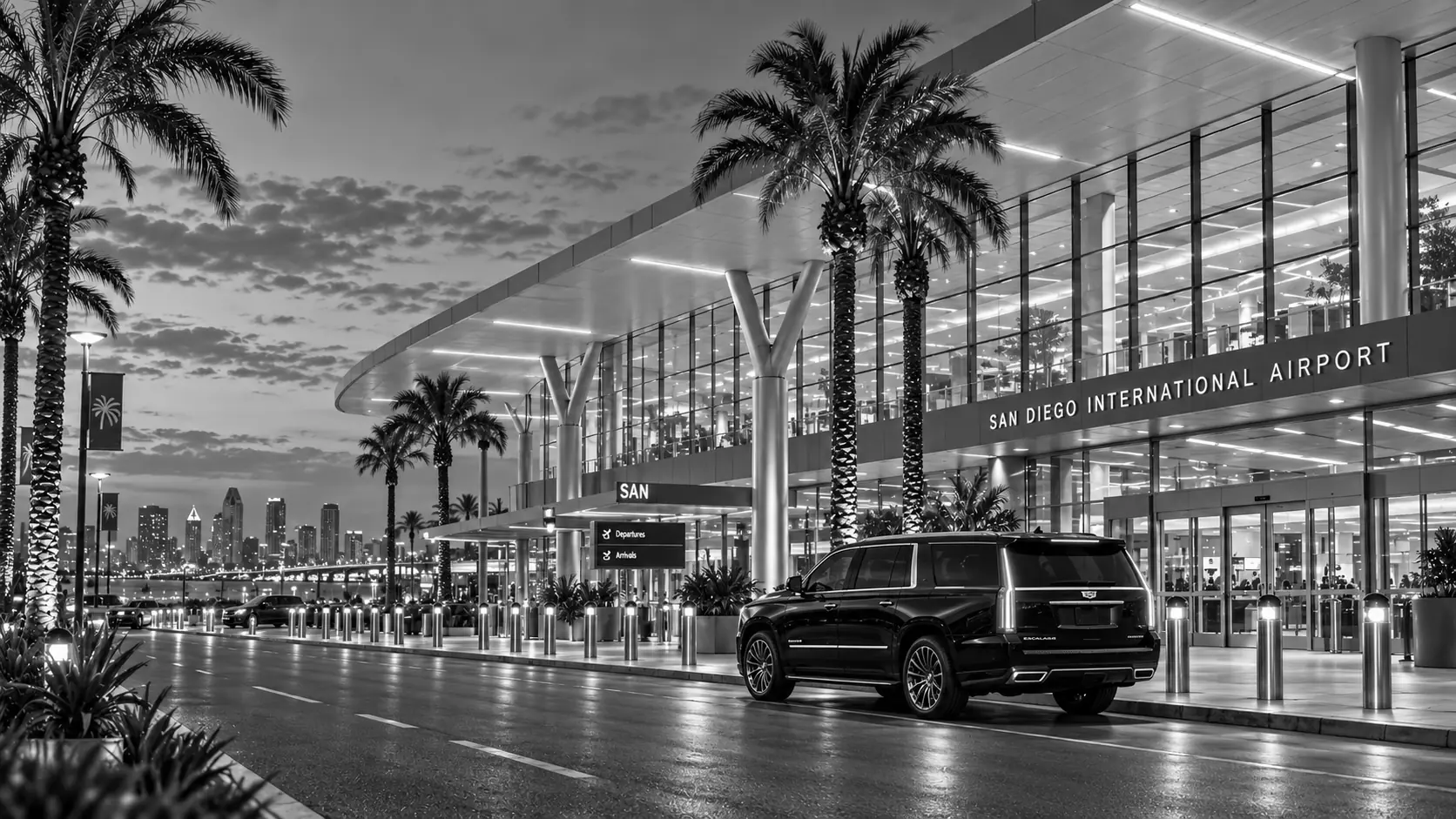 AI illustration of San Diego International Airport's glass terminal, palm-lined curb, downtown skyline and a black Cadillac Escalade